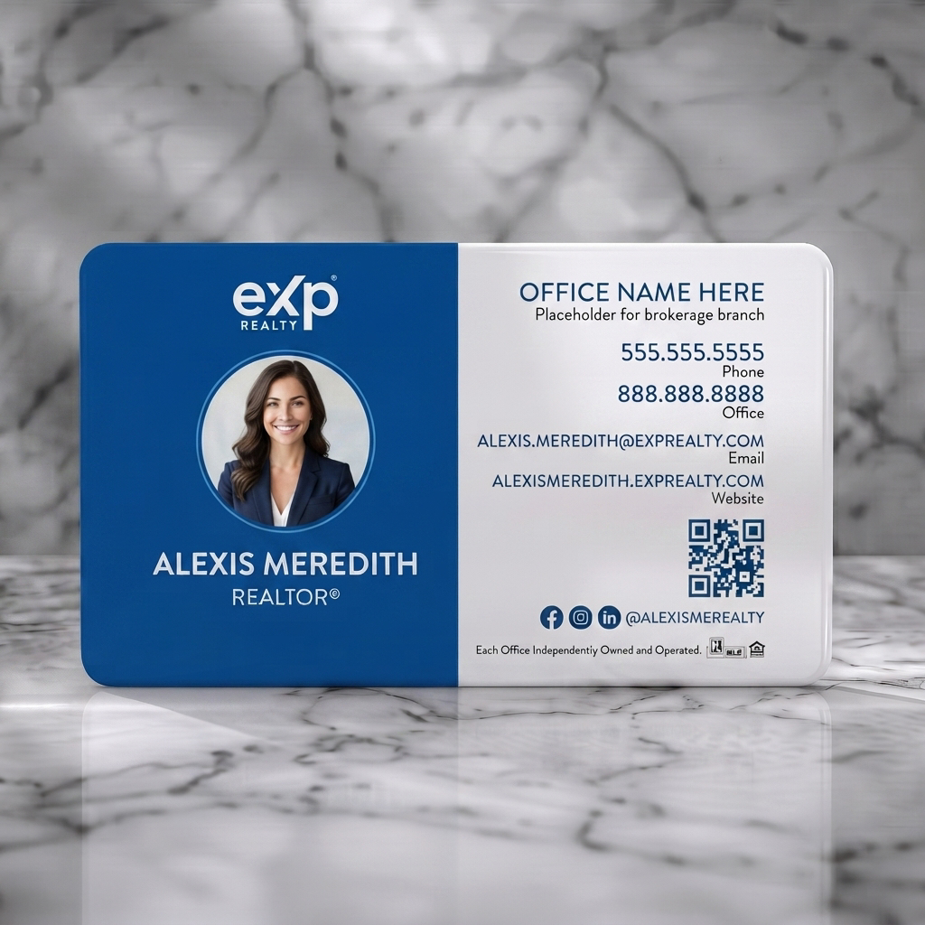 Solid white PVC business card featuring a clean two-panel design featuring brand colors, a headshot, sans-serif text, and realty/social icons plus QR