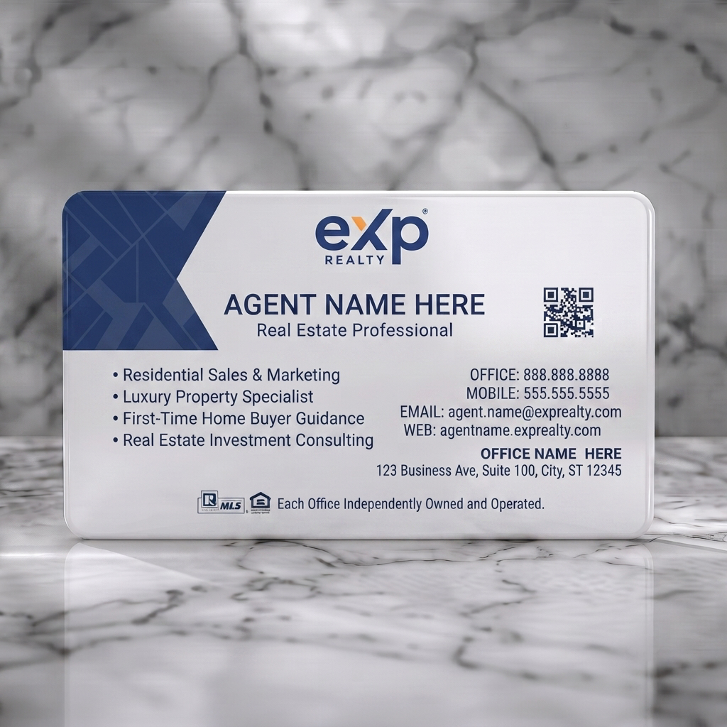 Solid white PVC business card featuring a modern design with navy and orange, geometric patterns, clear sans-serif typography, and realty icons