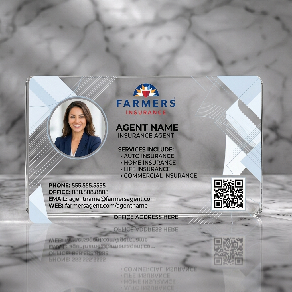 Clear plastic business card featuring professional design, Farmers logo, agent photo, sans-serif typography, subtle geometric lines, and a QR code