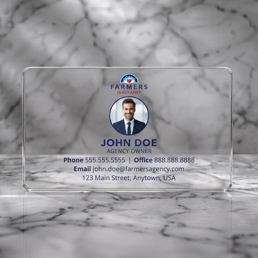 Clear plastic business card featuring professional headshot, blue and red Farmers logo, and dark blue sans-serif typography.