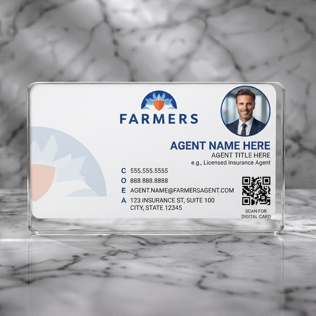 Clear plastic business card featuring clean layout, blue and orange branding, Farmers logo, sans-serif text, agent photo, QR code, contact icons