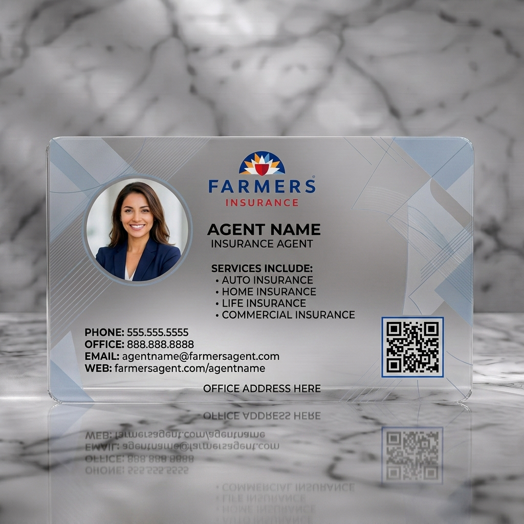 Frosted translucent plastic business card featuring professional design, Farmers logo, agent photo, sans-serif typography, subtle geometric lines, and a QR code