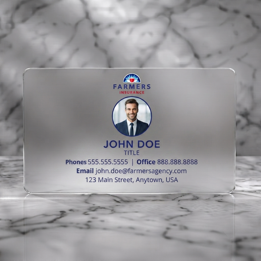 Frosted translucent plastic business card featuring professional headshot, blue and red Farmers logo, and dark blue sans-serif typography.