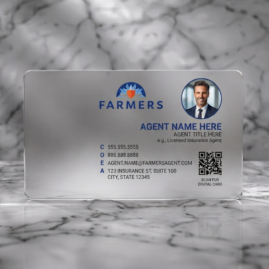 Frosted translucent plastic business card featuring clean layout, blue and orange branding, Farmers logo, sans-serif text, agent photo, QR code, contact icons