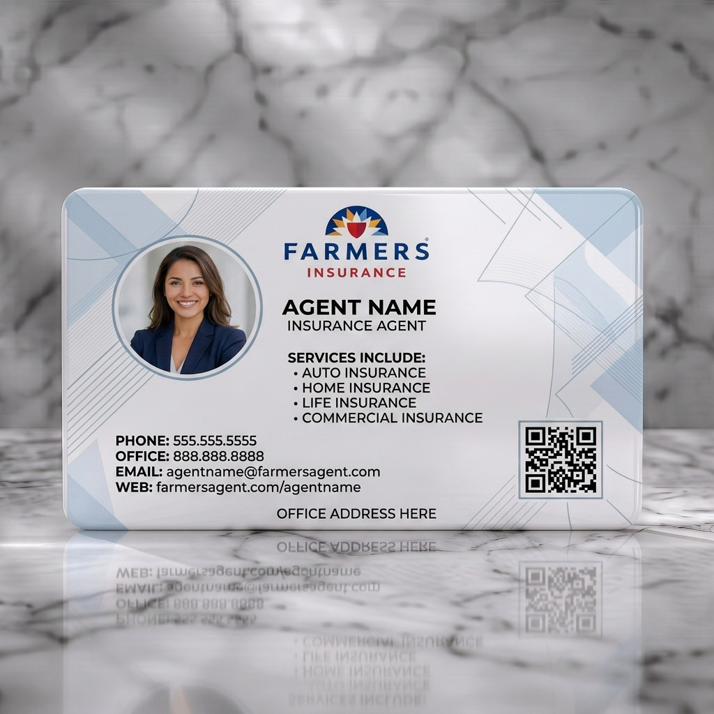 Solid white PVC business card featuring professional design, Farmers logo, agent photo, sans-serif typography, subtle geometric lines, and a QR code