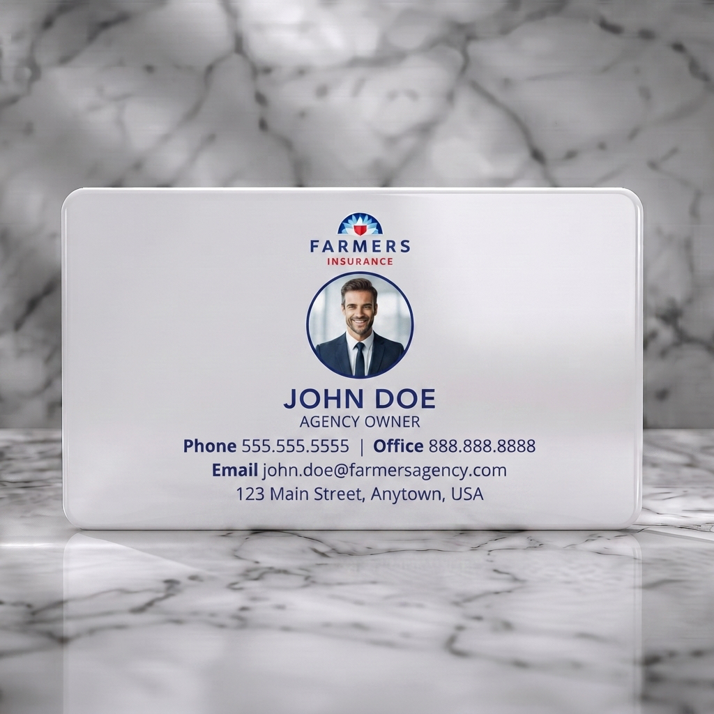 Solid white PVC business card featuring professional headshot, blue and red Farmers logo, and dark blue sans-serif typography.
