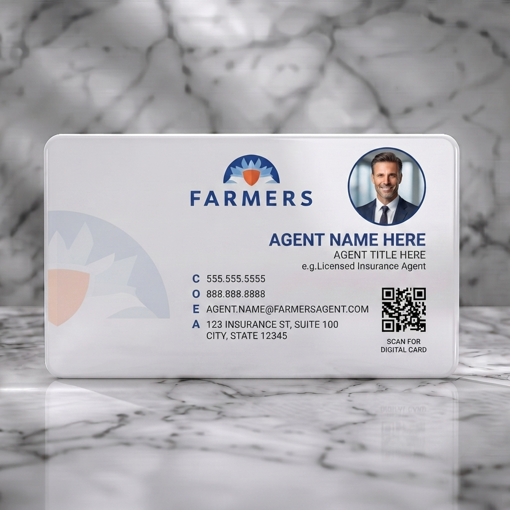 Solid white PVC business card featuring clean layout, blue and orange branding, Farmers logo, sans-serif text, agent photo, QR code, contact icons