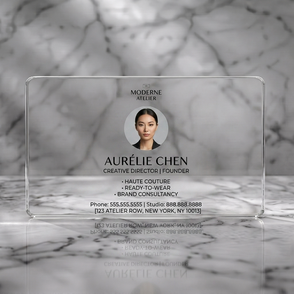 Clear plastic business card featuring modern minimalist design, black sans-serif text, subtle logo, and a central circular portrait