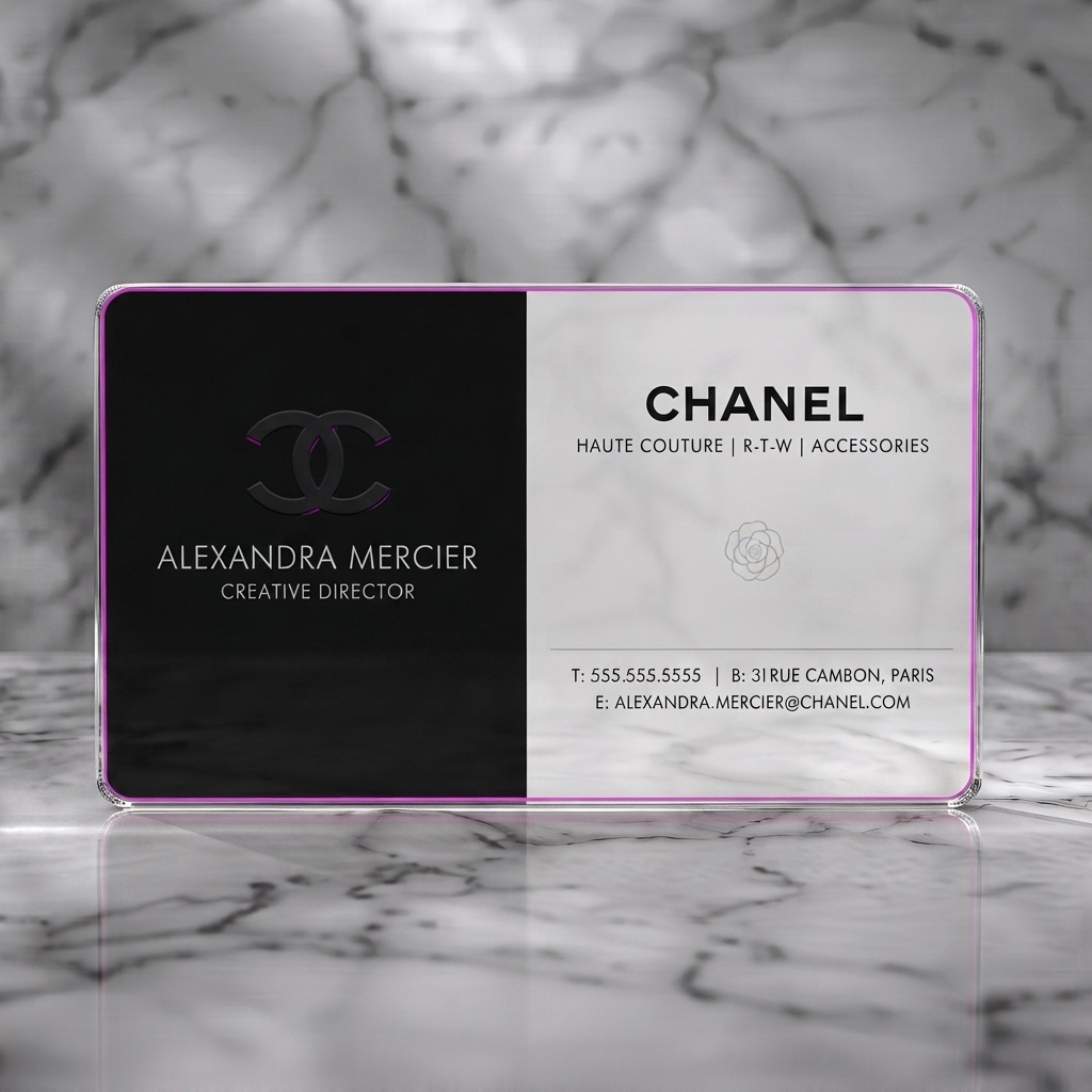 Clear plastic business card featuring a luxurious black and light grey design, clean sans-serif typography, featuring iconic Chanel CC and camellia logos