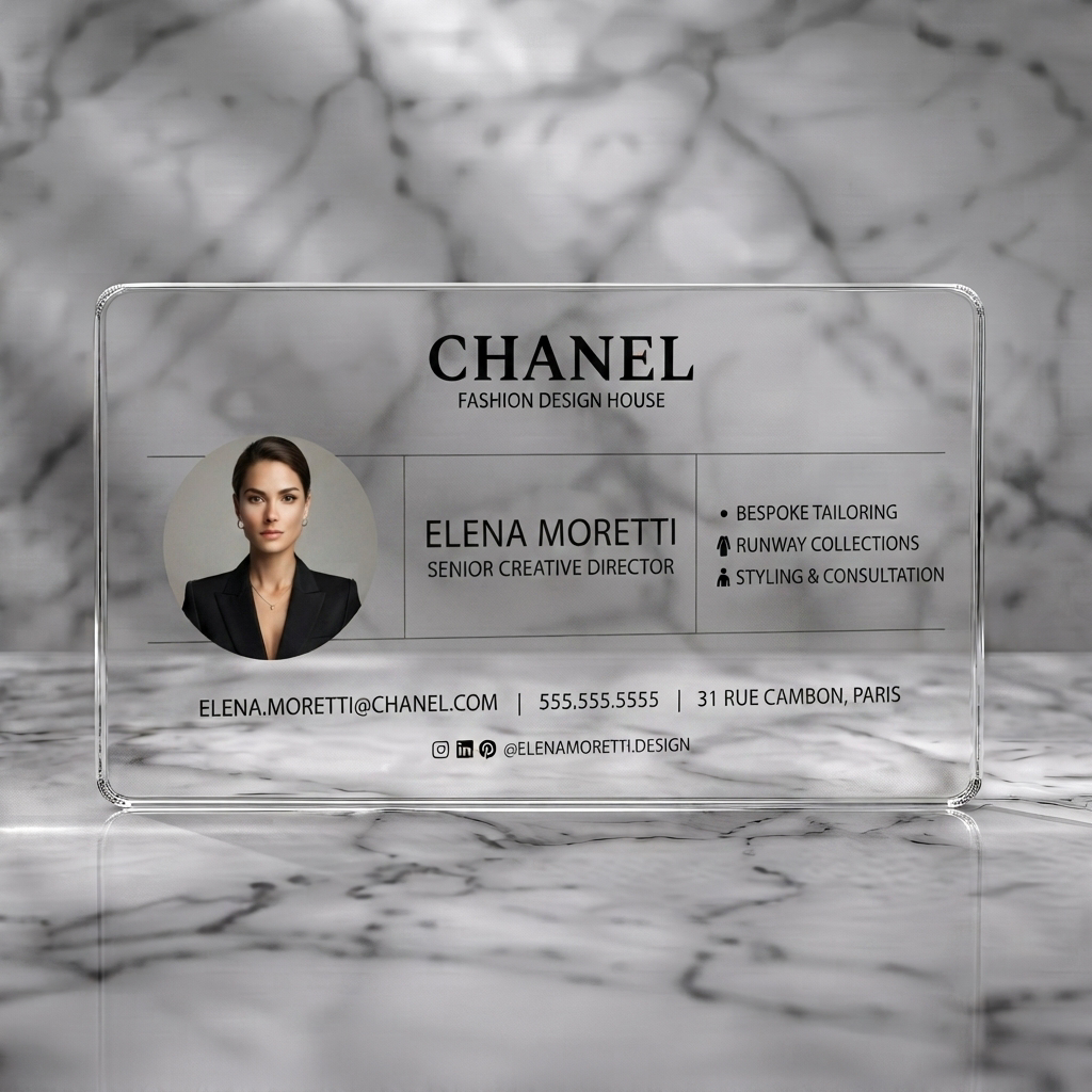 Clear plastic business card featuring an elegant, minimalist design using black text, off-white background, serif/sans-serif fonts, a headshot, and clean icons