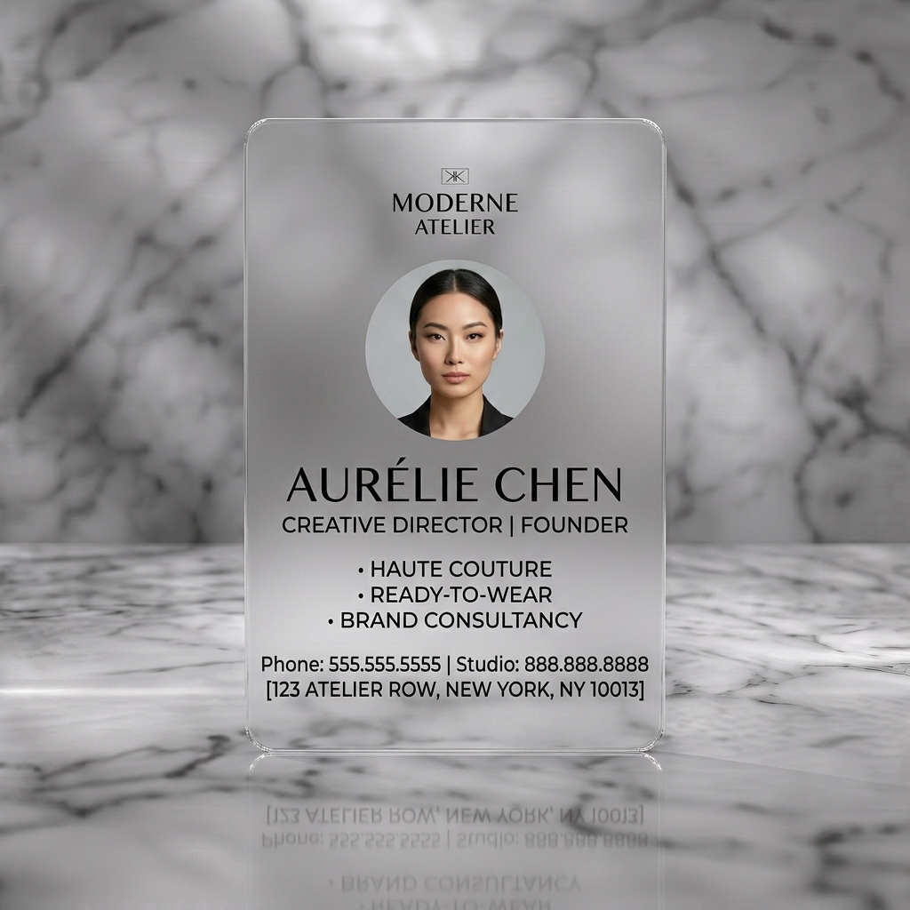 Frosted translucent plastic business card featuring modern minimalist design, black sans-serif text, subtle logo, and a central circular portrait