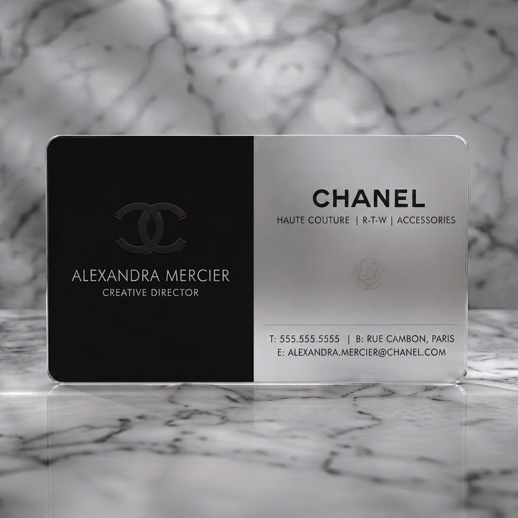 Frosted translucent plastic business card featuring a luxurious black and light grey design, clean sans-serif typography, featuring iconic Chanel CC and camellia logos