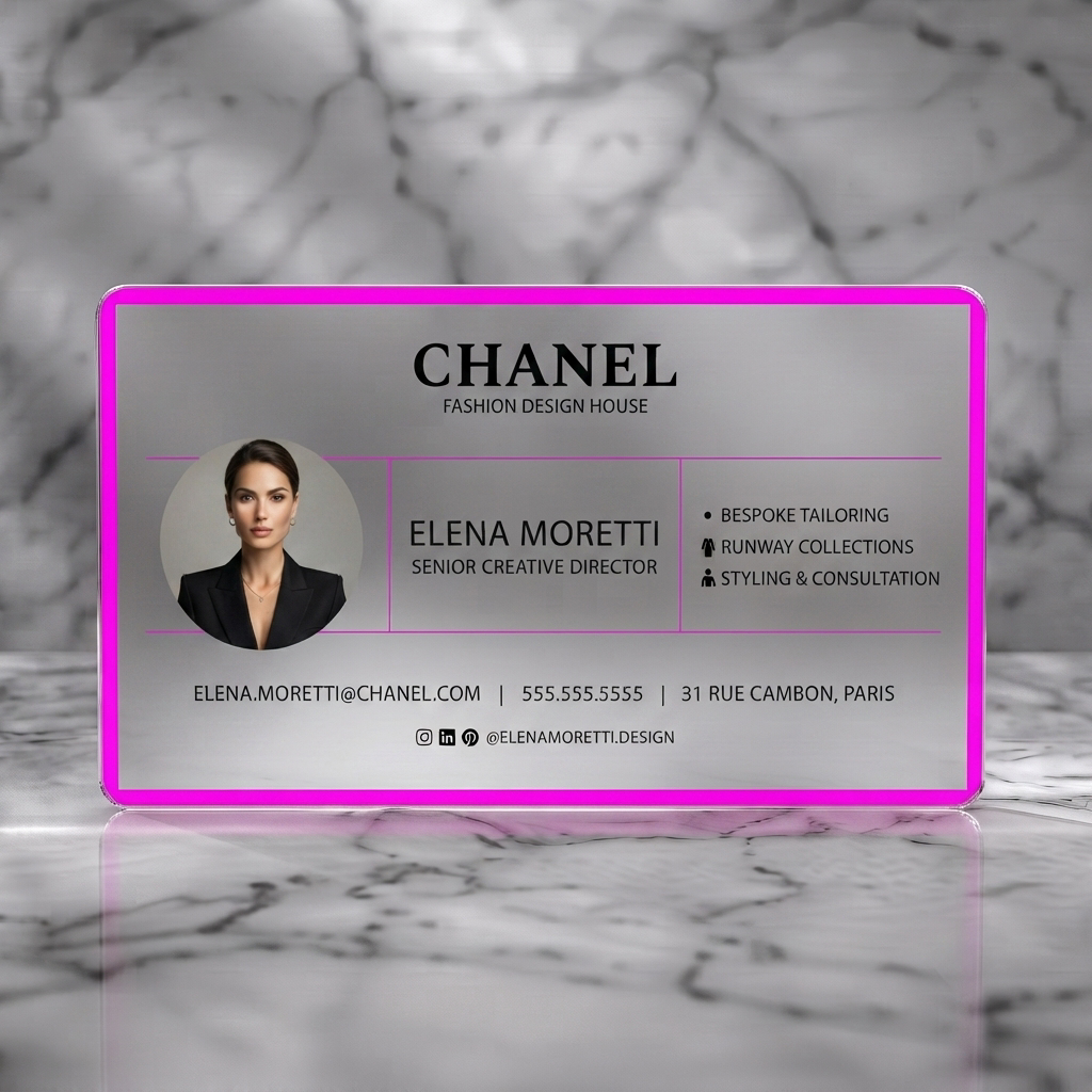 Frosted translucent plastic business card featuring an elegant, minimalist design using black text, off-white background, serif/sans-serif fonts, a headshot, and clean icons
