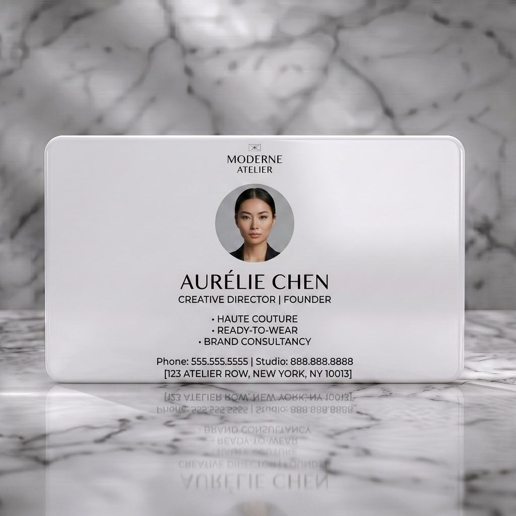 Solid white PVC business card featuring modern minimalist design, black sans-serif text, subtle logo, and a central circular portrait