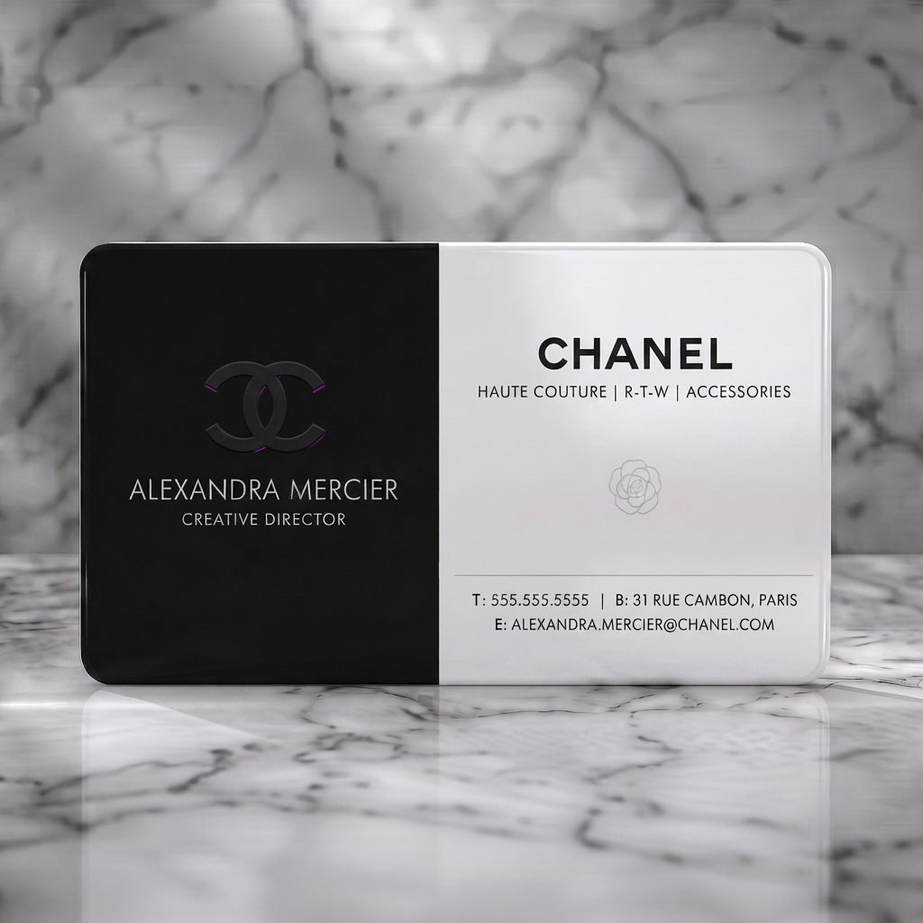 Solid white PVC business card featuring a luxurious black and light grey design, clean sans-serif typography, featuring iconic Chanel CC and camellia logos