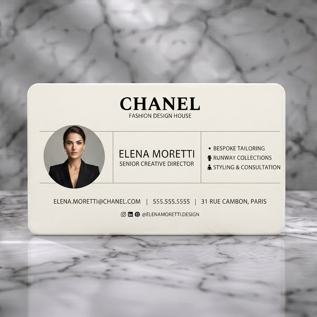Solid white PVC business card featuring an elegant, minimalist design using black text, off-white background, serif/sans-serif fonts, a headshot, and clean icons