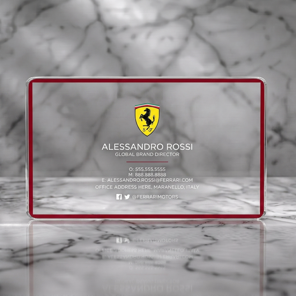 Clear plastic business card featuring ferrari Prancing Horse logo, clean white sans-serif typography, social media icons, and a dark red border