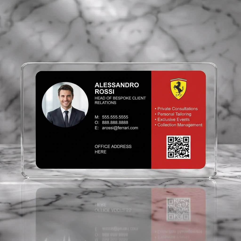 Clear plastic business card featuring a sleek black and red split design, Ferrari logo, professional photo, QR code, and sans-serif typography