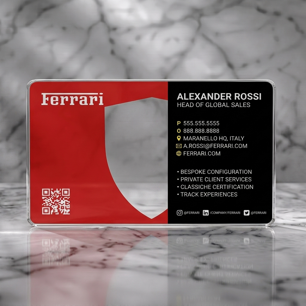Clear plastic business card featuring ferrari red and black, modern, minimalist, with iconic logo, clean typography, contact and social icons, QR