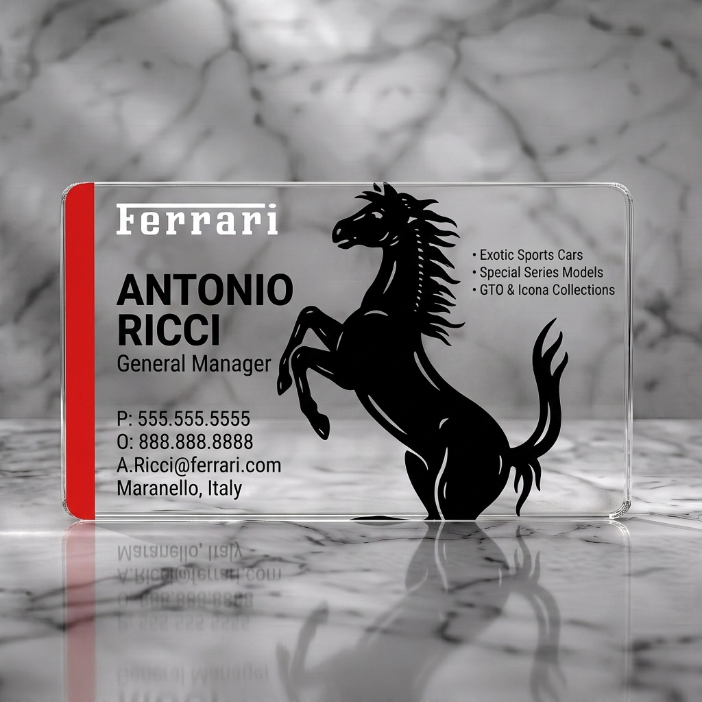 Clear plastic business card featuring iconic prancing horse, bold black typography, white Ferrari logo, and a red accent stripe