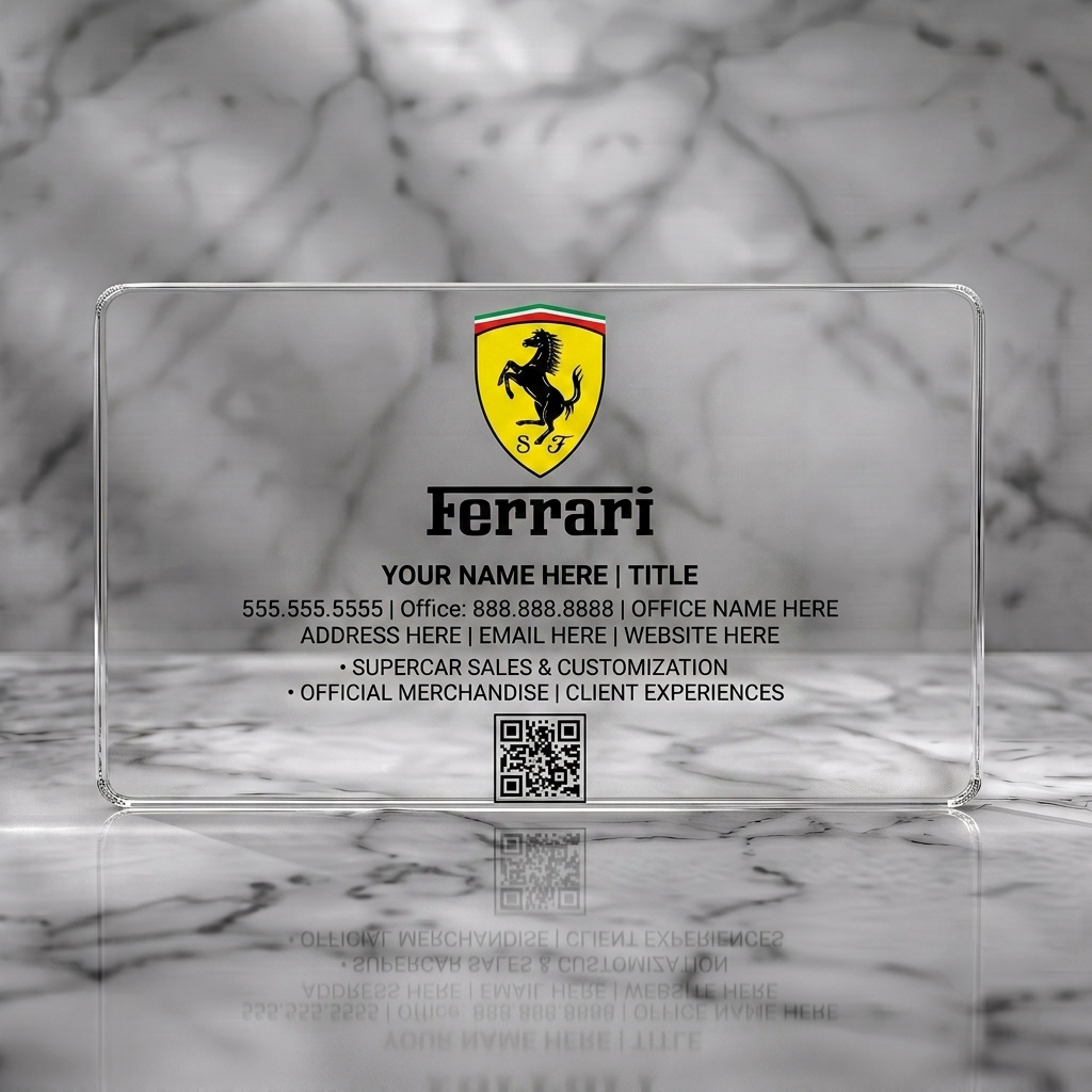 Clear plastic business card featuring ferrari shield logo, bold black Ferrari text, contact details, service list, and a QR code