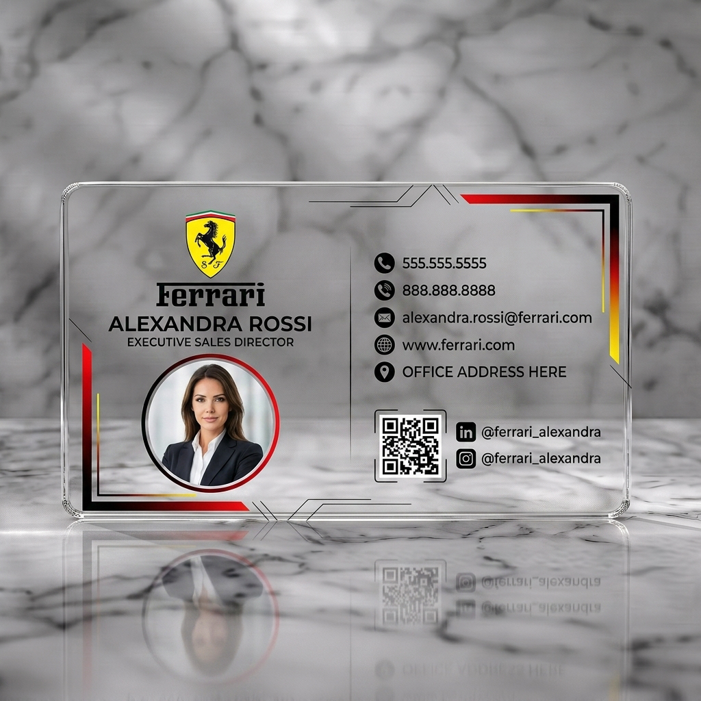 Clear plastic business card featuring ferrari logo (yellow/black), clean black typography, professional photo, contact icons, and angular accents