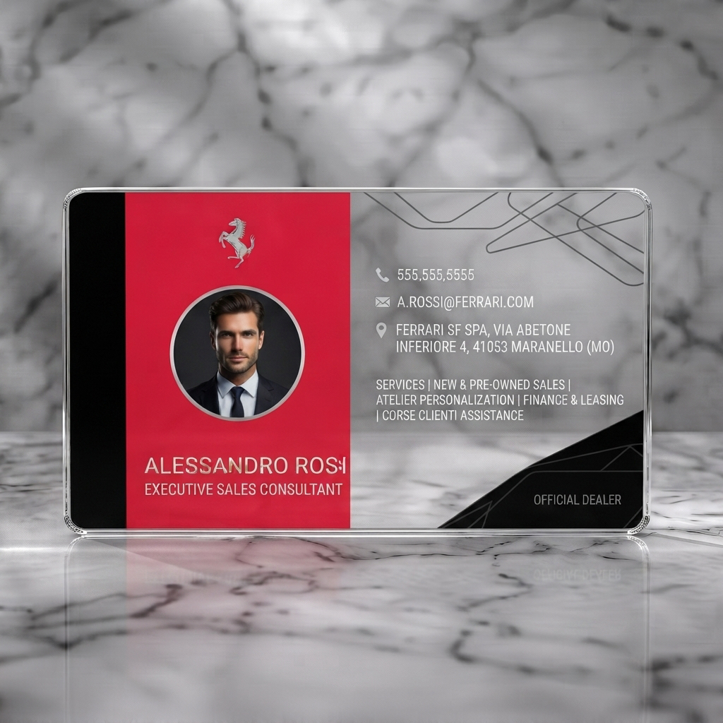 Clear plastic business card featuring a sleek red and black design, Ferrari logo, professional typography, and essential contact/social icons
