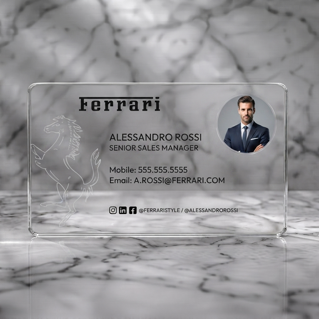 Clear plastic business card featuring minimalist design with black Ferrari logo, subtle horse graphic, sans-serif text, profile photo, social icons