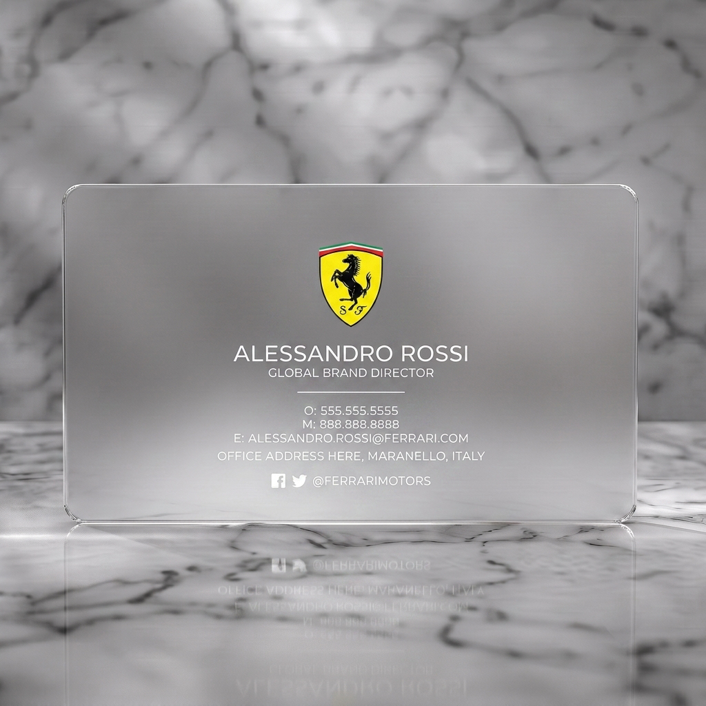 Frosted translucent plastic business card featuring ferrari Prancing Horse logo, clean white sans-serif typography, social media icons, and a dark red border