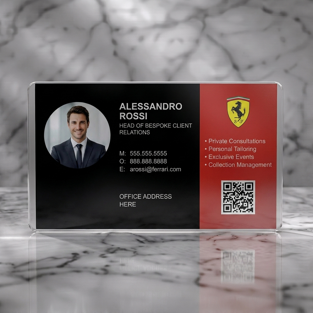 Frosted translucent plastic business card featuring a sleek black and red split design, Ferrari logo, professional photo, QR code, and sans-serif typography