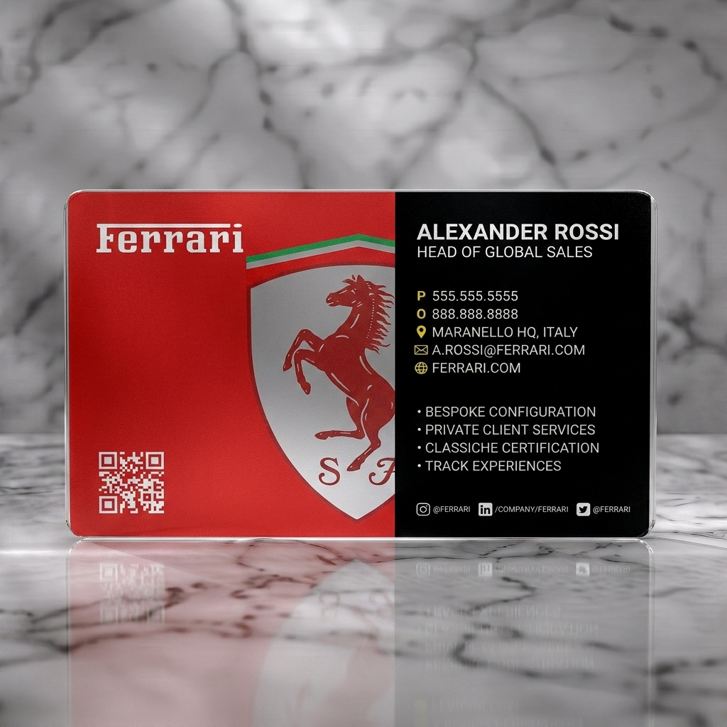 Frosted translucent plastic business card featuring ferrari red and black, modern, minimalist, with iconic logo, clean typography, contact and social icons, QR