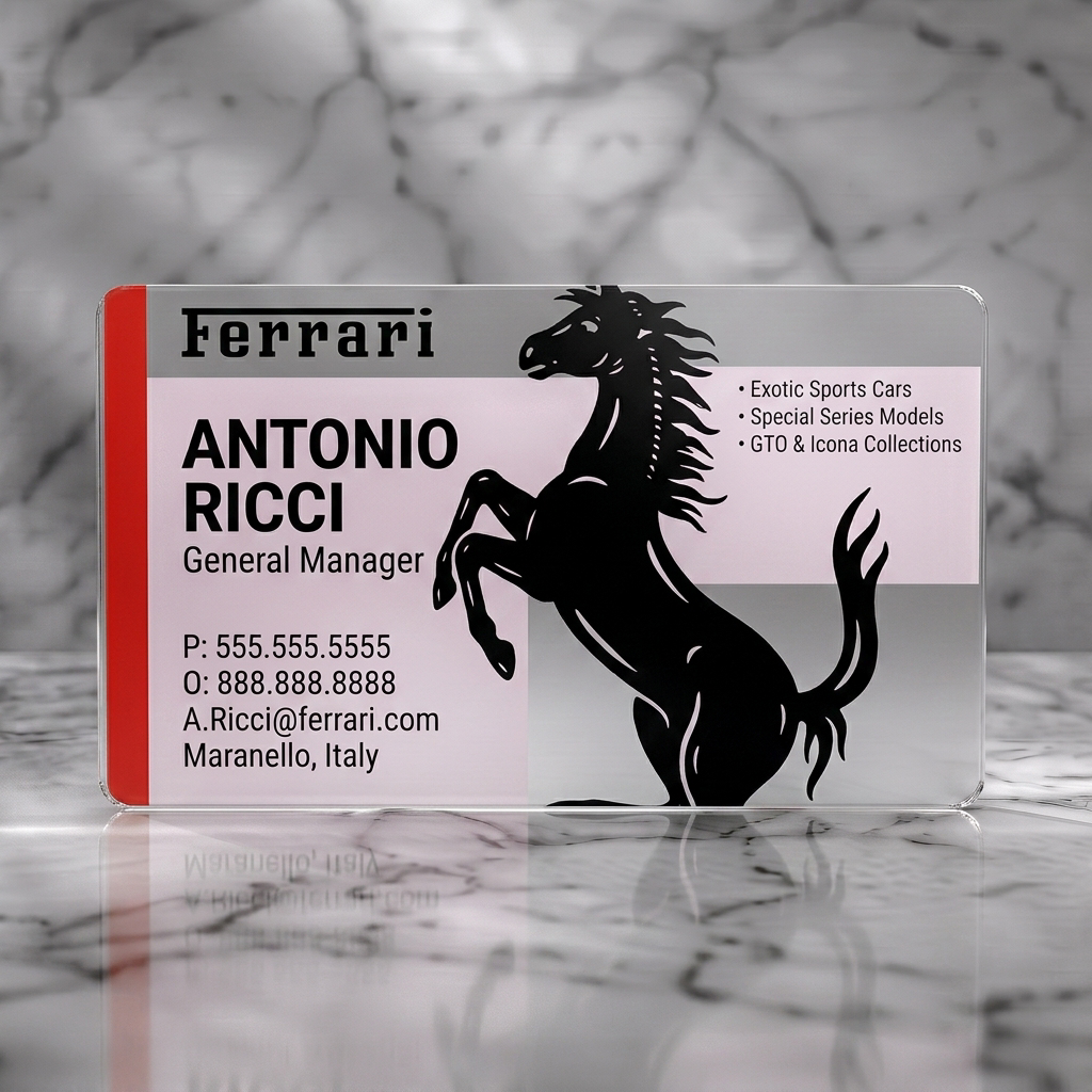 Frosted translucent plastic business card featuring iconic prancing horse, bold black typography, white Ferrari logo, and a red accent stripe