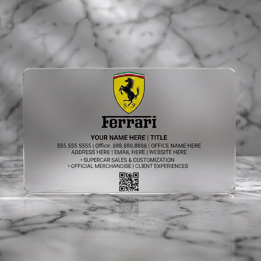 Frosted translucent plastic business card featuring ferrari shield logo, bold black Ferrari text, contact details, service list, and a QR code