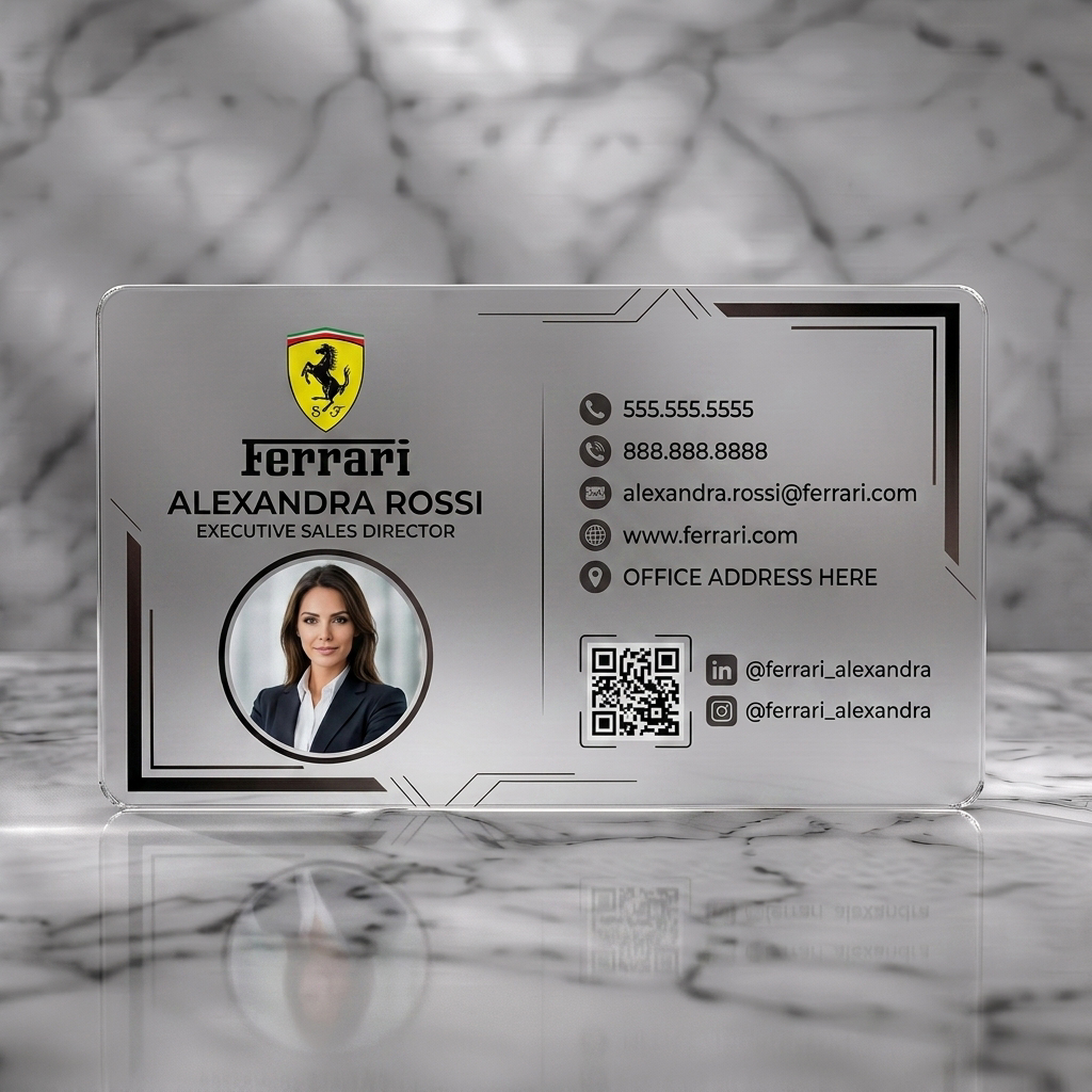 Frosted translucent plastic business card featuring ferrari logo (yellow/black), clean black typography, professional photo, contact icons, and angular accents