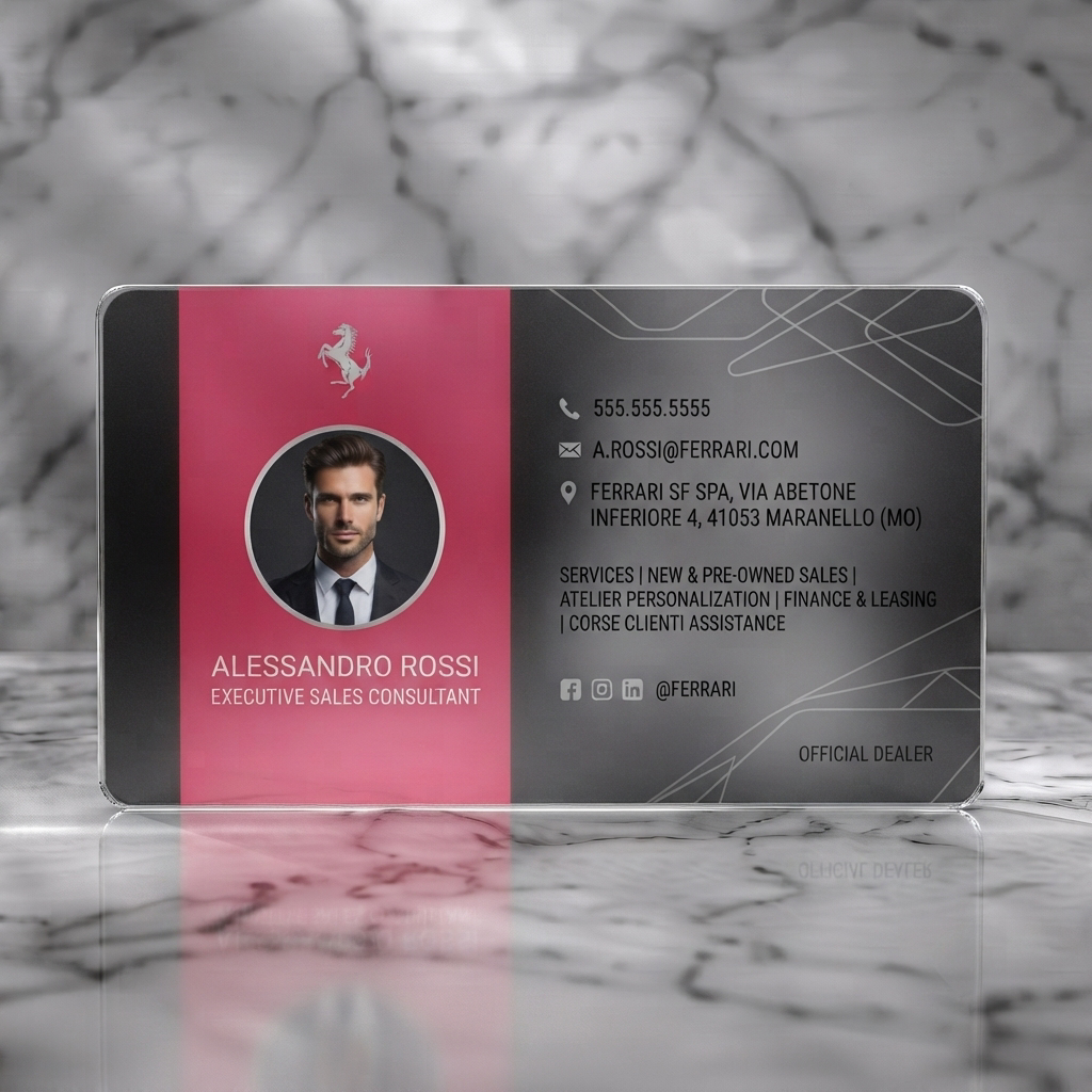 Frosted translucent plastic business card featuring a sleek red and black design, Ferrari logo, professional typography, and essential contact/social icons