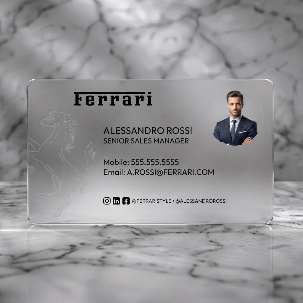 Frosted translucent plastic business card featuring minimalist design with black Ferrari logo, subtle horse graphic, sans-serif text, profile photo, social icons
