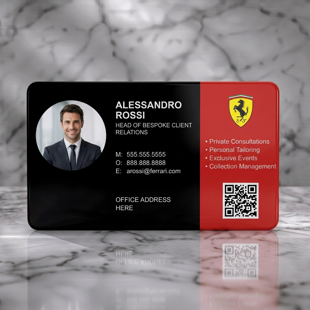 Solid white PVC business card featuring a sleek black and red split design, Ferrari logo, professional photo, QR code, and sans-serif typography