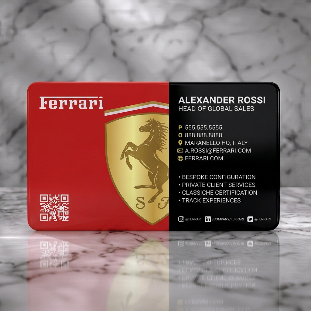 Solid white PVC business card featuring ferrari red and black, modern, minimalist, with iconic logo, clean typography, contact and social icons, QR