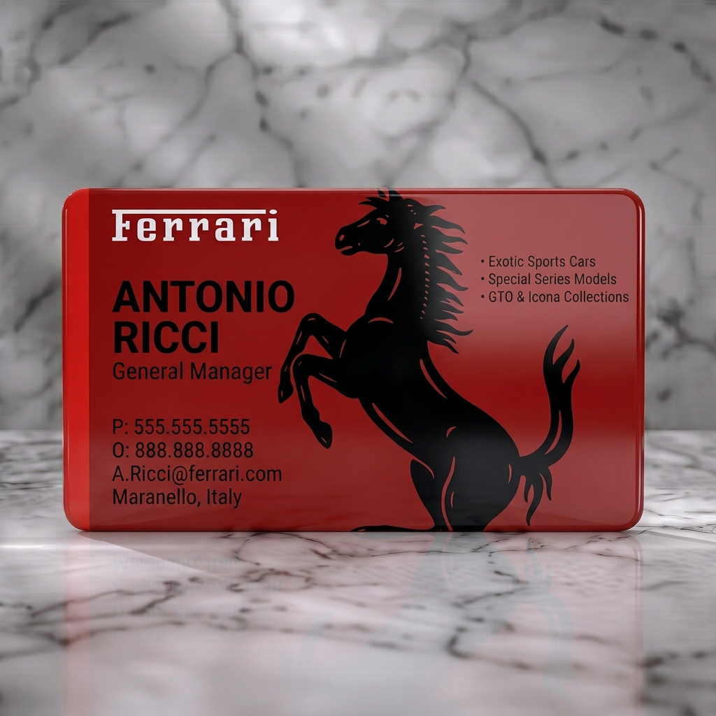 Solid white PVC business card featuring iconic prancing horse, bold black typography, white Ferrari logo, and a red accent stripe