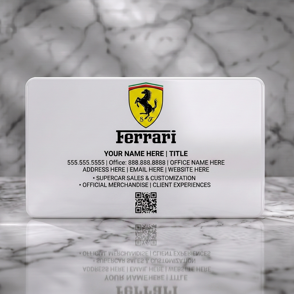 Solid white PVC business card featuring ferrari shield logo, bold black Ferrari text, contact details, service list, and a QR code