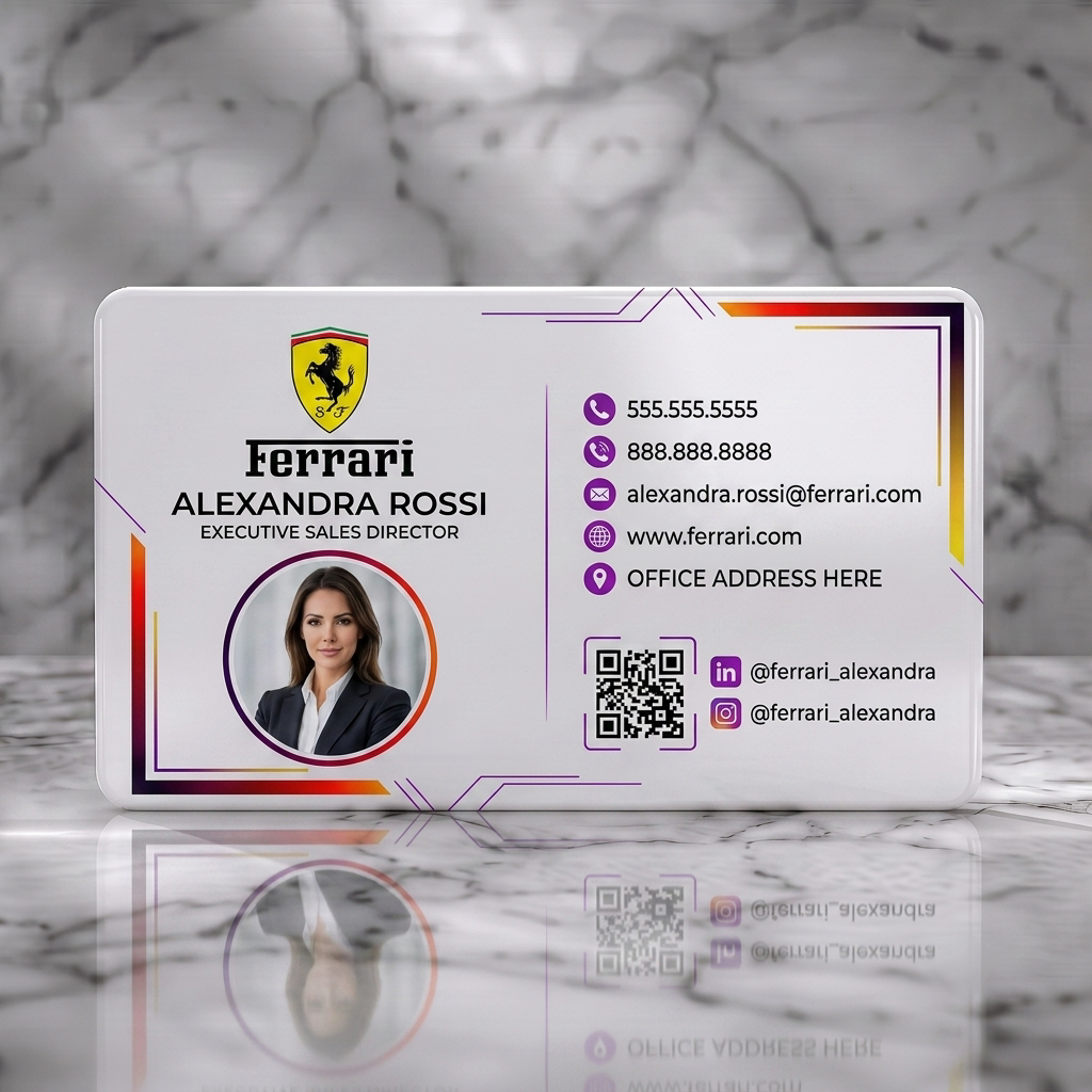 Solid white PVC business card featuring ferrari logo (yellow/black), clean black typography, professional photo, contact icons, and angular accents