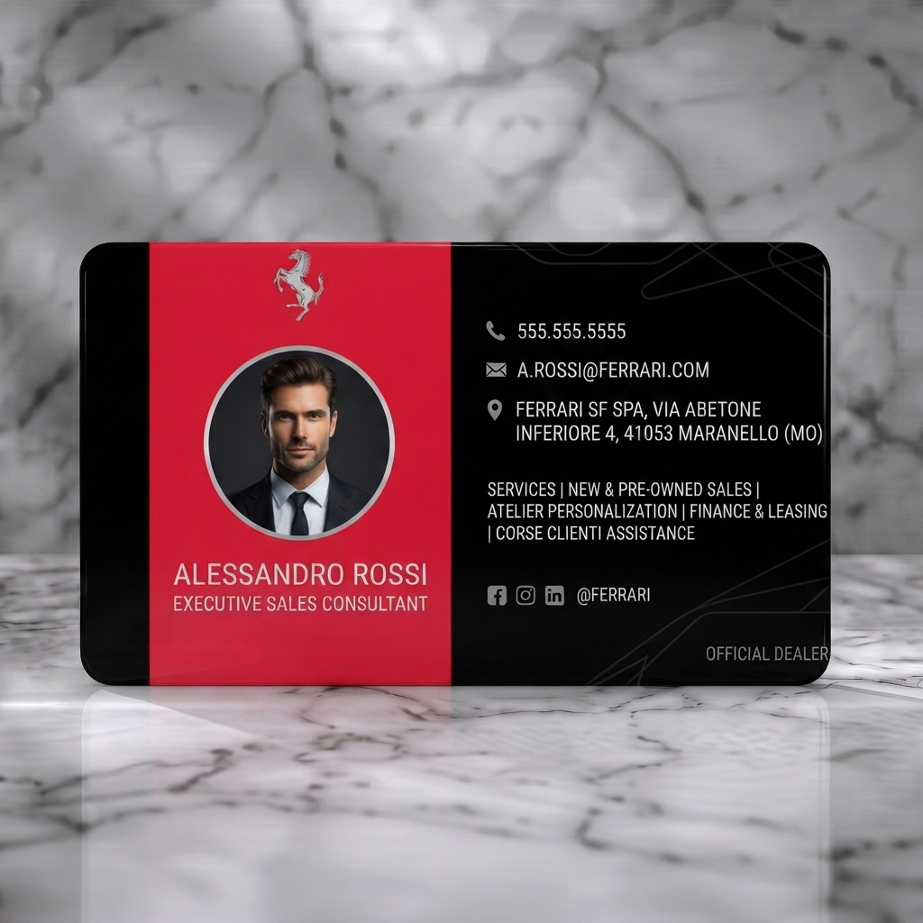 Solid white PVC business card featuring a sleek red and black design, Ferrari logo, professional typography, and essential contact/social icons