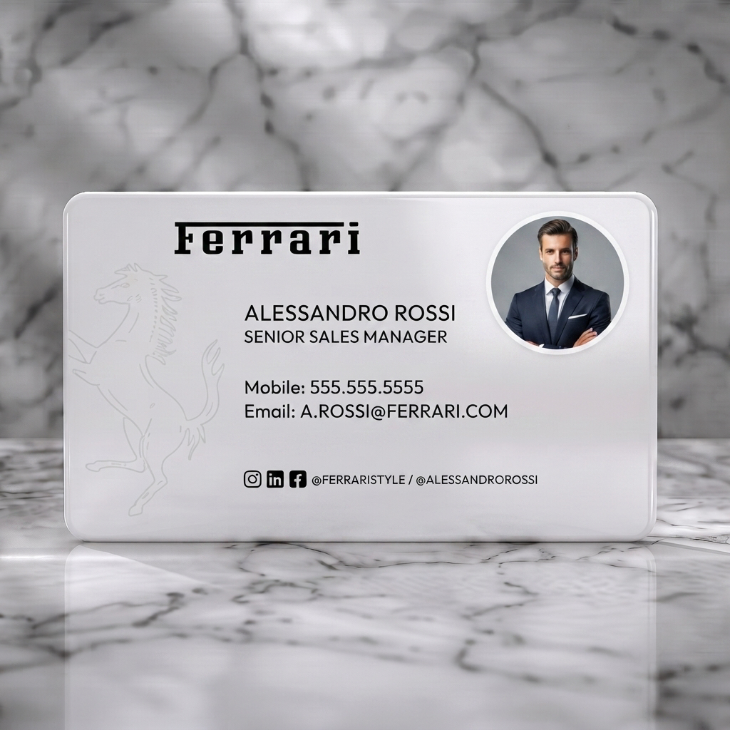 Solid white PVC business card featuring minimalist design with black Ferrari logo, subtle horse graphic, sans-serif text, profile photo, social icons