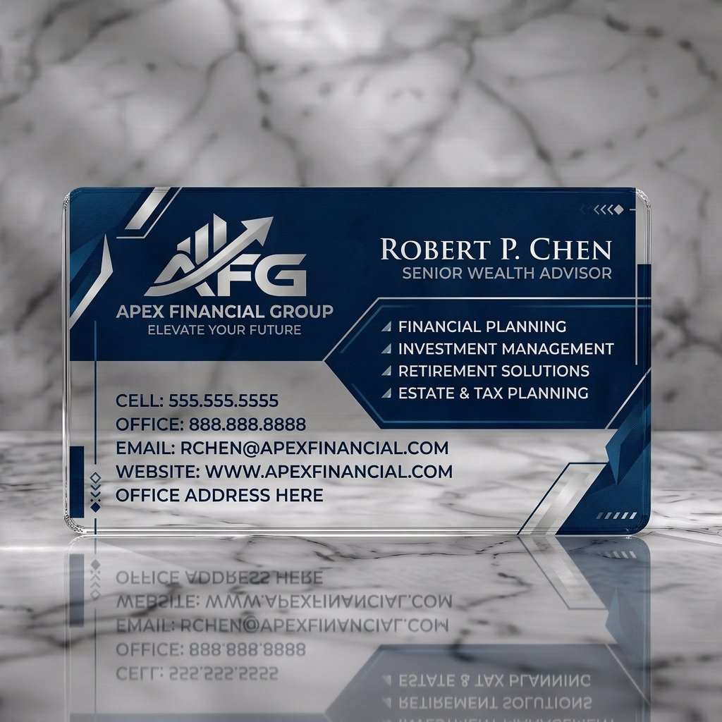Clear plastic business card featuring modern geometric blue and silver design with a growth-oriented logo and professional typography