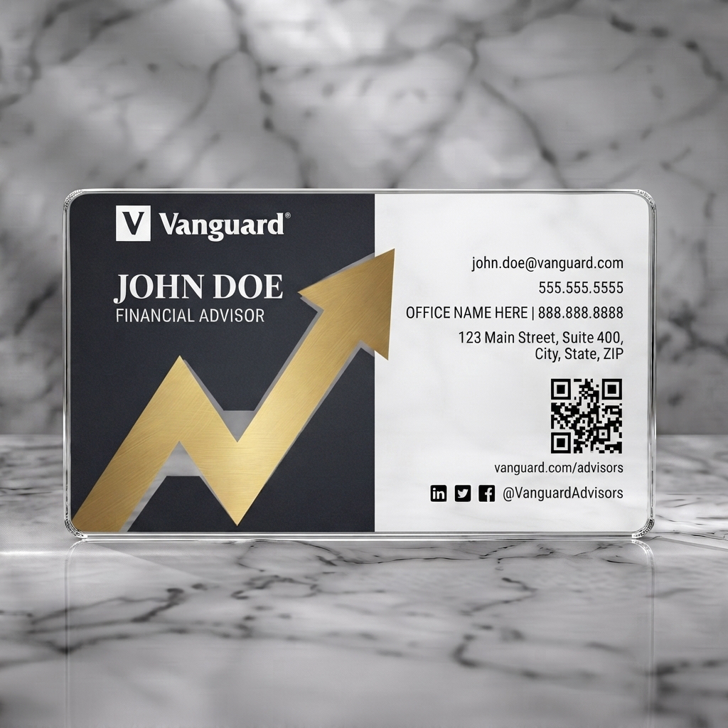 Clear plastic business card featuring a two-tone design with a prominent gold arrow, professional typography, and social media icons