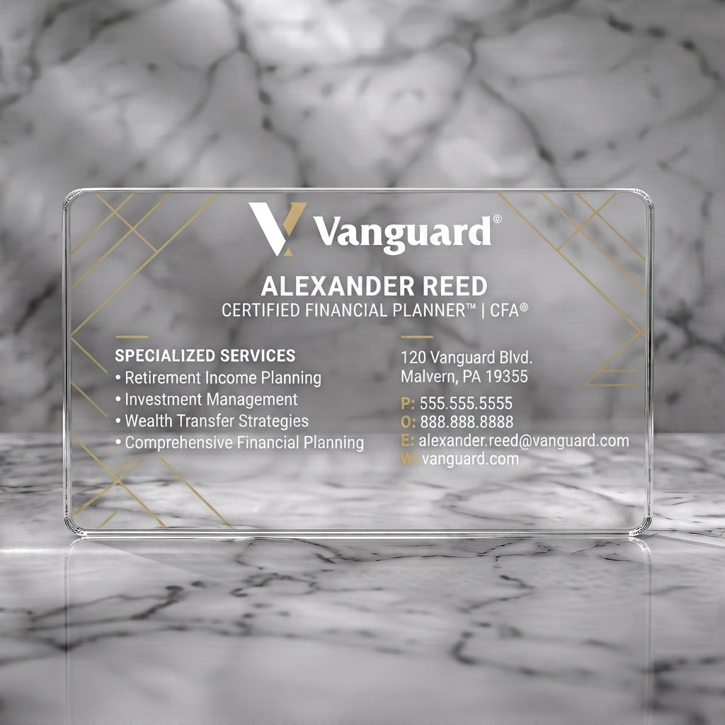 Clear plastic business card featuring dark blue with gold geometric lines, crisp sans-serif text, and yellow contact details