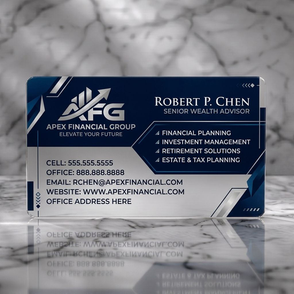 Frosted translucent plastic business card featuring modern geometric blue and silver design with a growth-oriented logo and professional typography