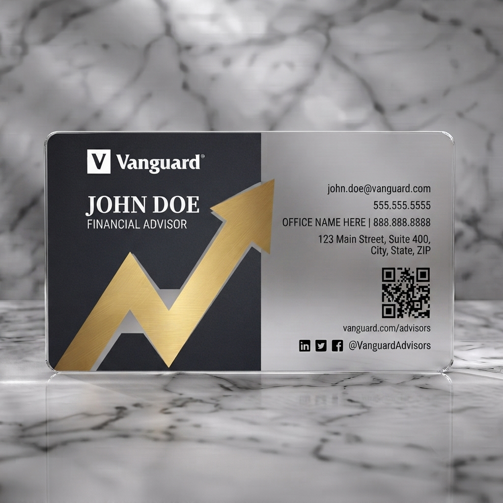Frosted translucent plastic business card featuring a two-tone design with a prominent gold arrow, professional typography, and social media icons