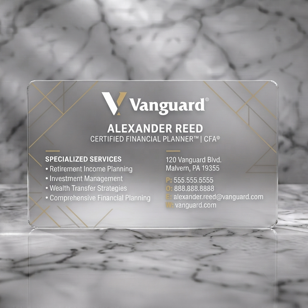 Frosted translucent plastic business card featuring dark blue with gold geometric lines, crisp sans-serif text, and yellow contact details