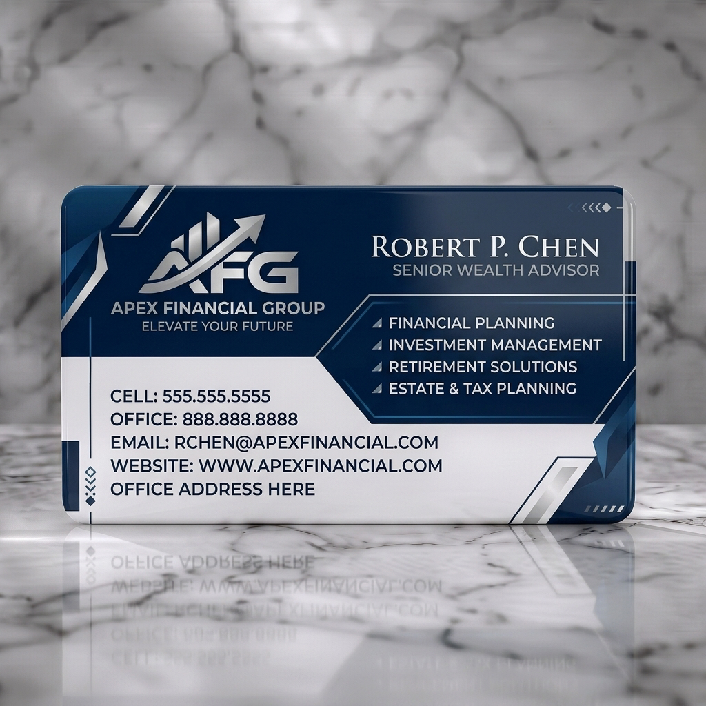 Solid white PVC business card featuring modern geometric blue and silver design with a growth-oriented logo and professional typography